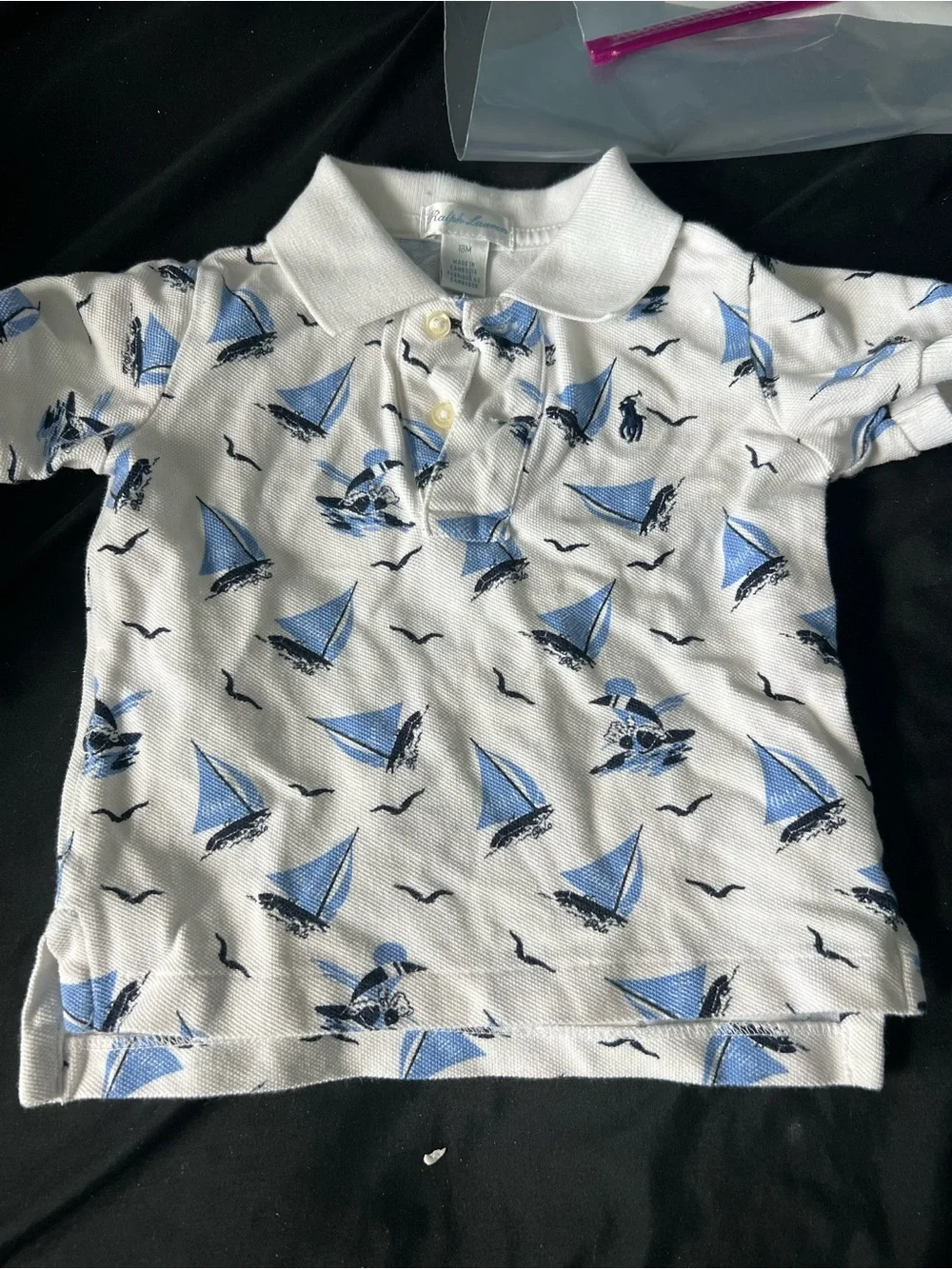 Ralph Lauren White Polo with Light Blue & Navy Sailboat Motif